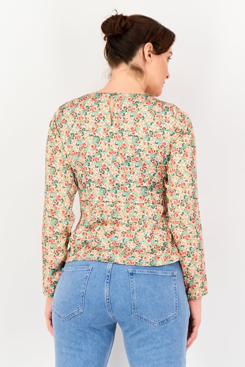 VERO MODA بلوزة مزخرفة بأكمام طويلة من فيرو مودا للنساء، متعددة الألوان، بياقة دائرية - Image 3