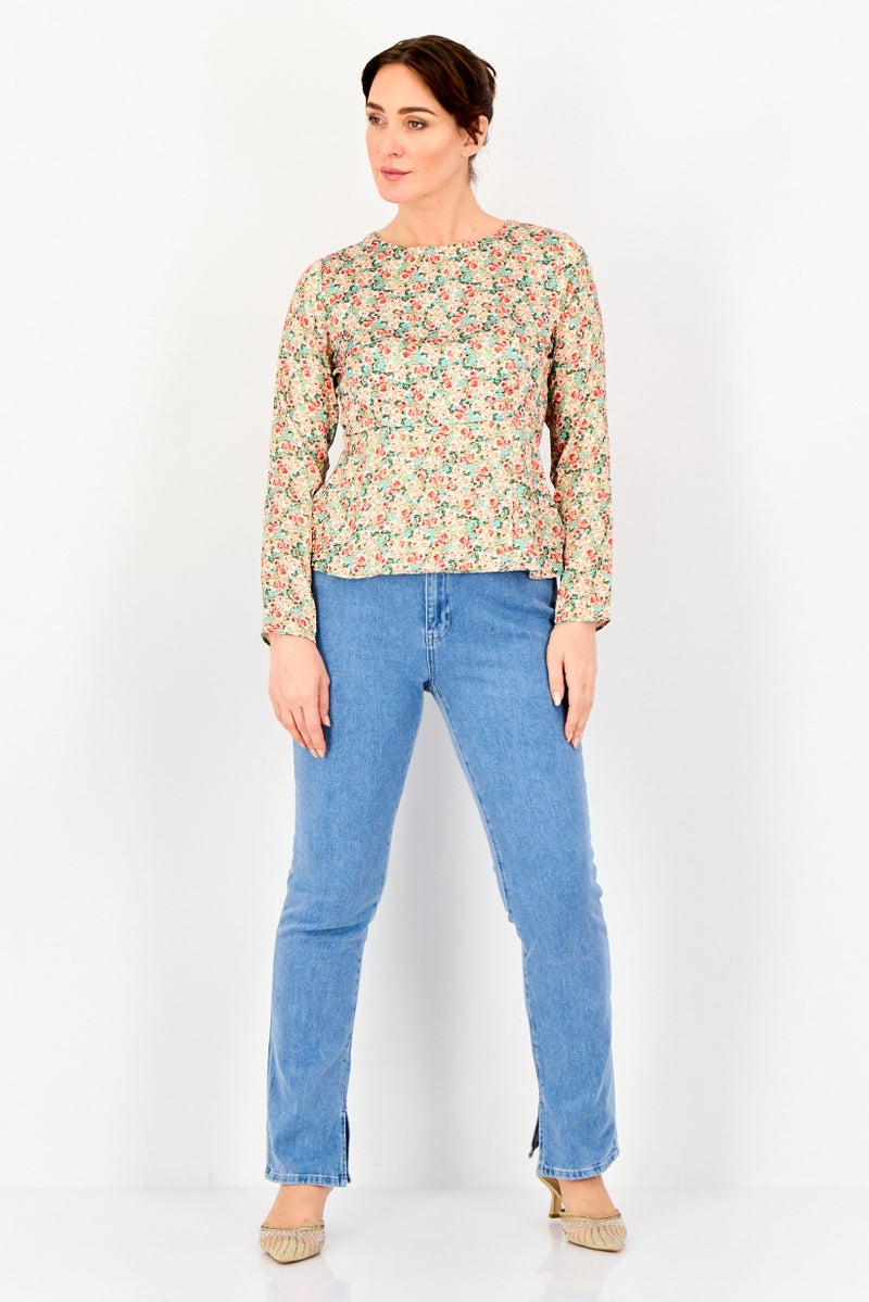 VERO MODA بلوزة مزخرفة بأكمام طويلة من فيرو مودا للنساء، متعددة الألوان، بياقة دائرية - Image 4