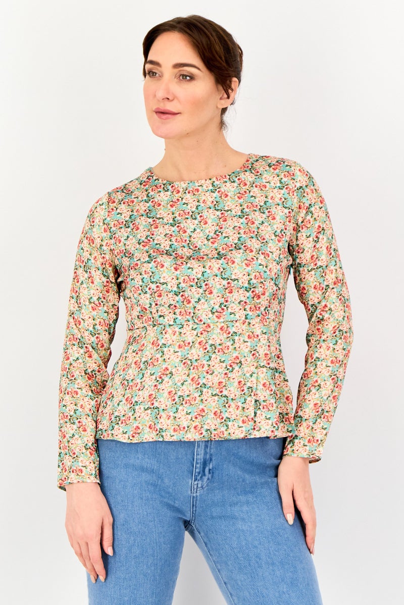 VERO MODA بلوزة مزخرفة بأكمام طويلة من فيرو مودا للنساء، متعددة الألوان، بياقة دائرية - Image 1