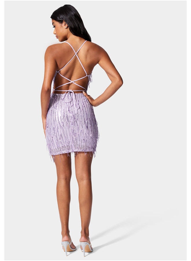 bebe LACE-UP BACK SEQUIN DRESS  - Image 3