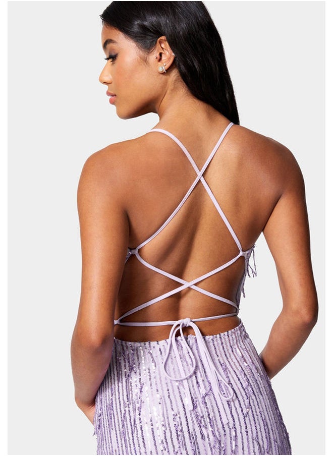 bebe LACE-UP BACK SEQUIN DRESS  - Image 4
