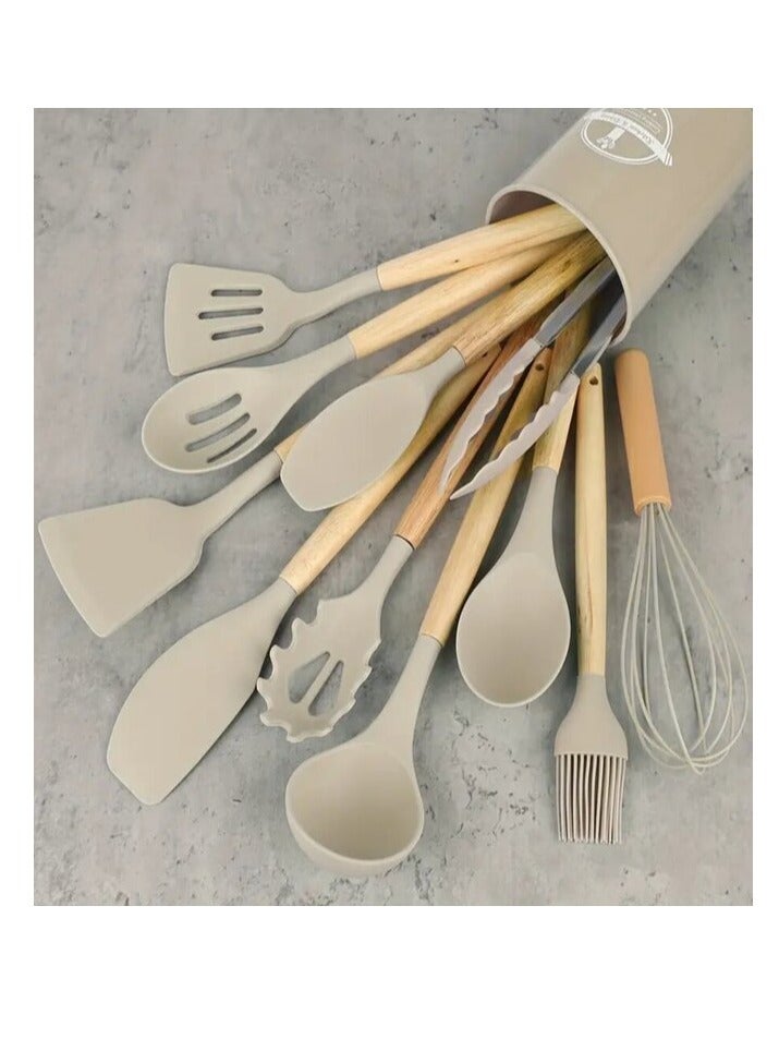 DISNIE Disnie Silicone Cooking Utensil Set, 12pcs Kitchen Utensil Set for All type of Cookware’s, Non-Toxic Heat-Resistant Wooden Handles Kitchenware Set (Beige)  - Image 1