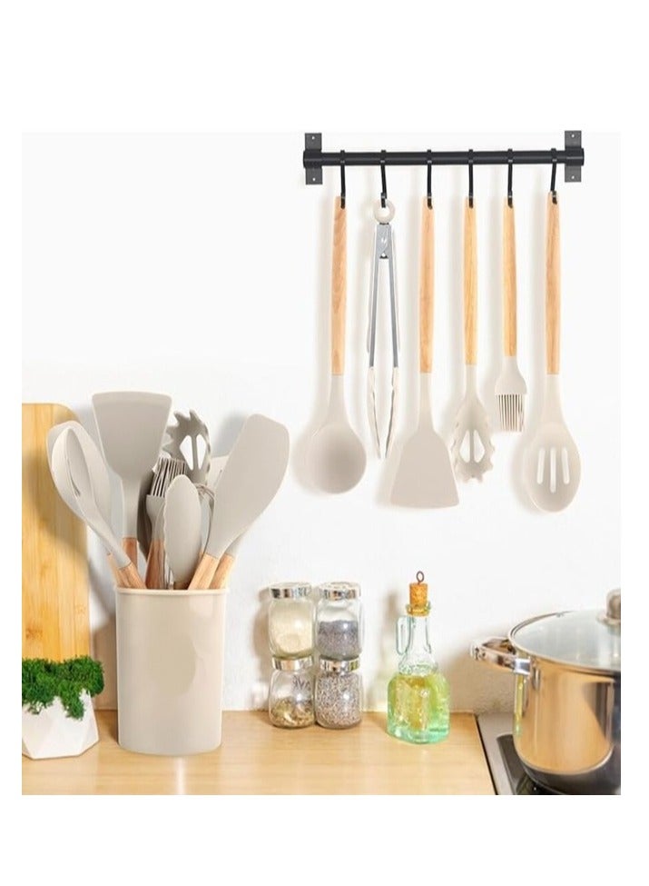 DISNIE Disnie Silicone Cooking Utensil Set, 12pcs Kitchen Utensil Set for All type of Cookware’s, Non-Toxic Heat-Resistant Wooden Handles Kitchenware Set (Beige)  - Image 3