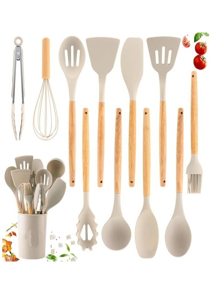 DISNIE Disnie Silicone Cooking Utensil Set, 12pcs Kitchen Utensil Set for All type of Cookware’s, Non-Toxic Heat-Resistant Wooden Handles Kitchenware Set (Beige)  - Image 2