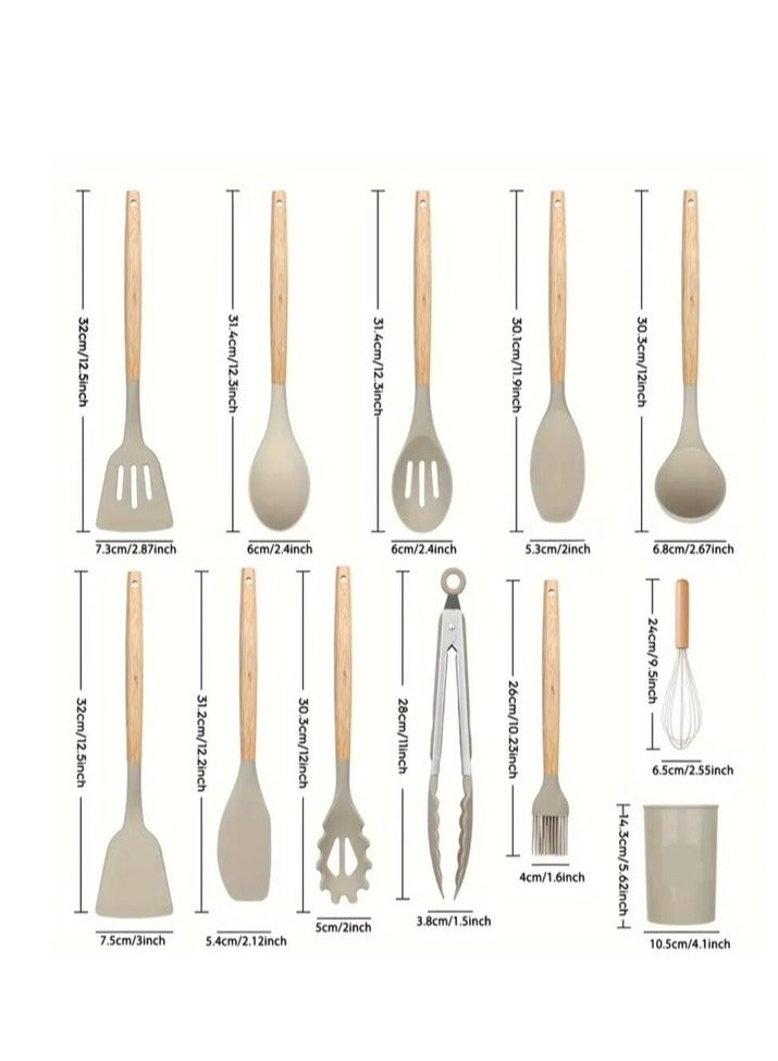 DISNIE Disnie Silicone Cooking Utensil Set, 12pcs Kitchen Utensil Set for All type of Cookware’s, Non-Toxic Heat-Resistant Wooden Handles Kitchenware Set (Beige)  - Image 4