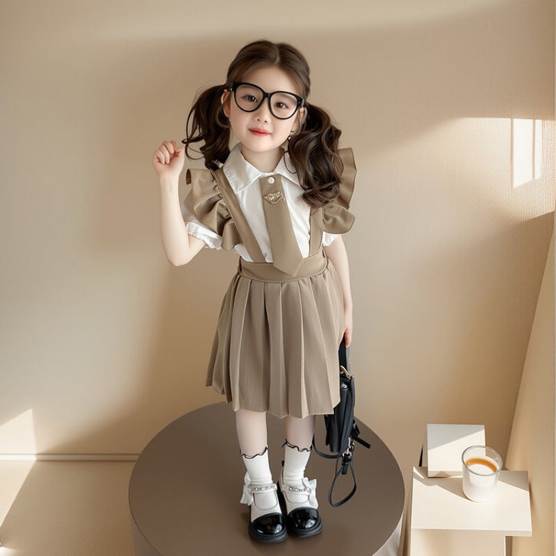 Girls Summer College Style Suspender Skirt Set Children Little Girls Casual Two-Piece Set Casual And Easiest For Match - Image 1