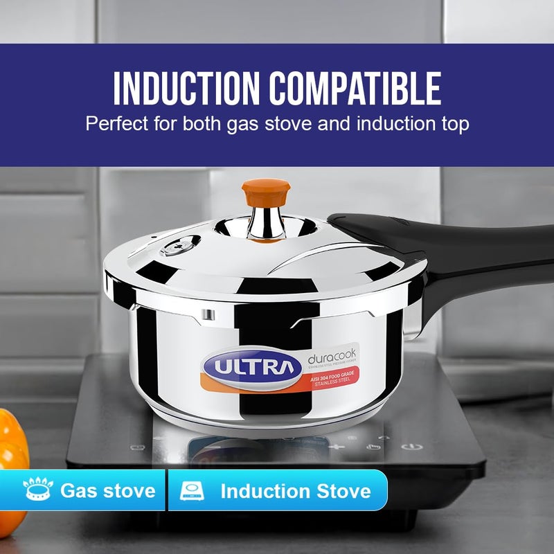 Ultra Duracook 2.L Stainlesssteel Outer Lid,Aisi 304 Food Grade Ss Pressure Cooker (2 Litre),Froth Collector,Spillage Control,Induction&Cooktop Compatible,Injection Moulded Bakelite Handles,Isi. - Image 2