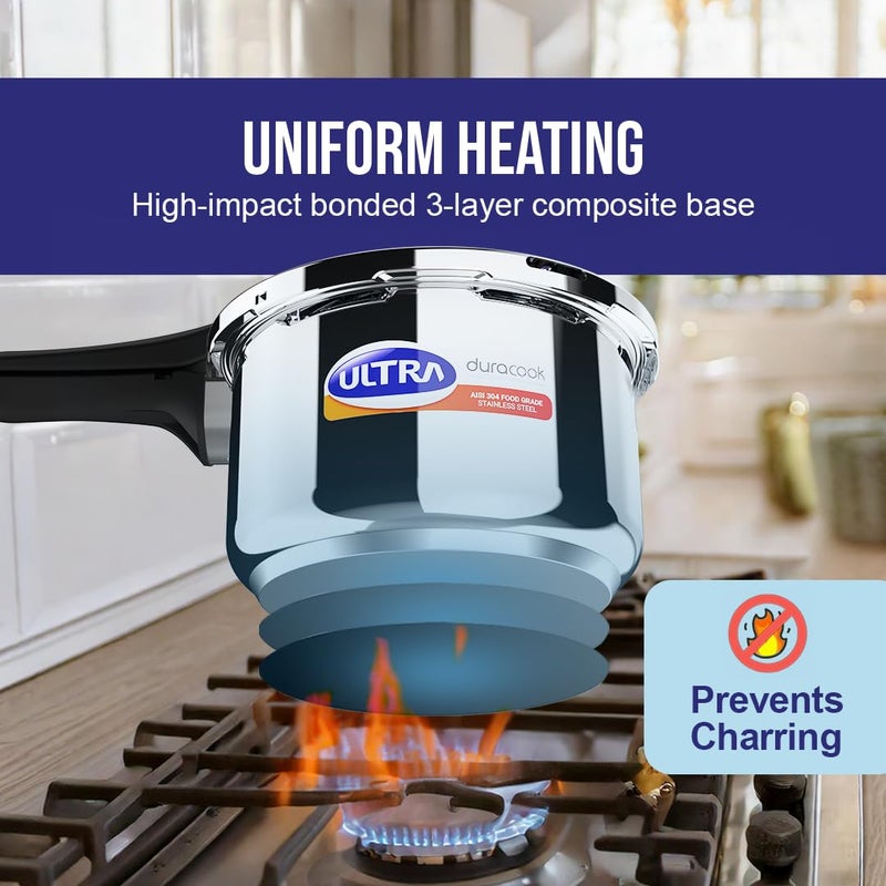 Ultra Duracook 2.L Stainlesssteel Outer Lid,Aisi 304 Food Grade Ss Pressure Cooker (2 Litre),Froth Collector,Spillage Control,Induction&Cooktop Compatible,Injection Moulded Bakelite Handles,Isi. - Image 3