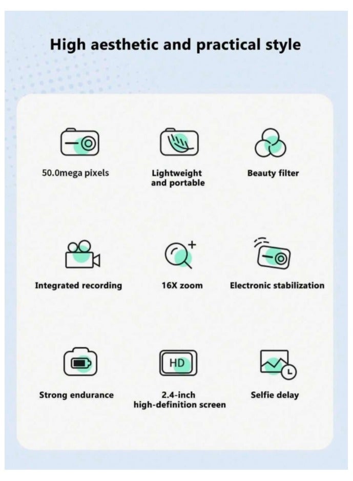 general Portable CCD digital camera for campus use, featuring 4K ultra-high-definition resolution and 96MP resolution, a 2.4-inch LCD screen, suitable for teenagers, electronic image stabilization, low Selfie delay, long battery life, and comes with a 32GB memory card/card reader. - Image 3