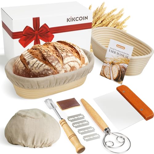 KIKCOIN Banneton Bread Proofing Basket 10 Inch Oval Sourdough Bread Baking Supplies Sourdough Proofing Basket Set of 2 Sourdough Starter Kit with Bread Lame Linen Liner Metal Scraper Dough Whisk