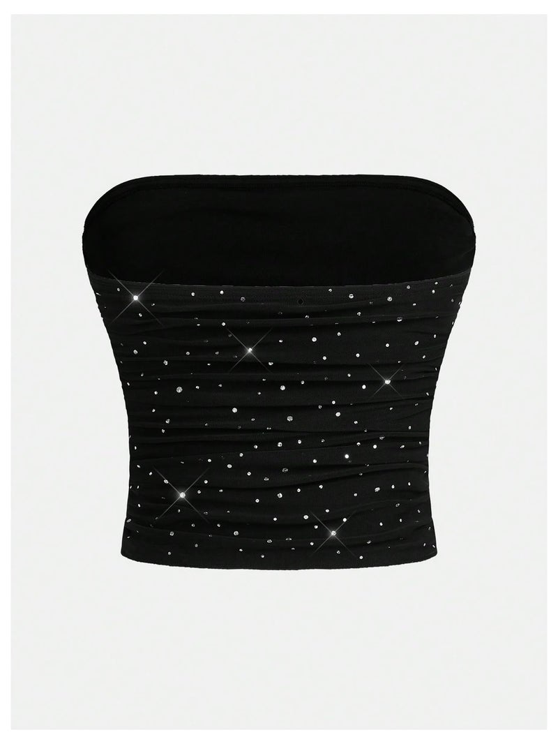 Floerns Women's Rhinestone Sleeveless Bandeau Party Corset Strapless Tube Top Black Large - Image 2