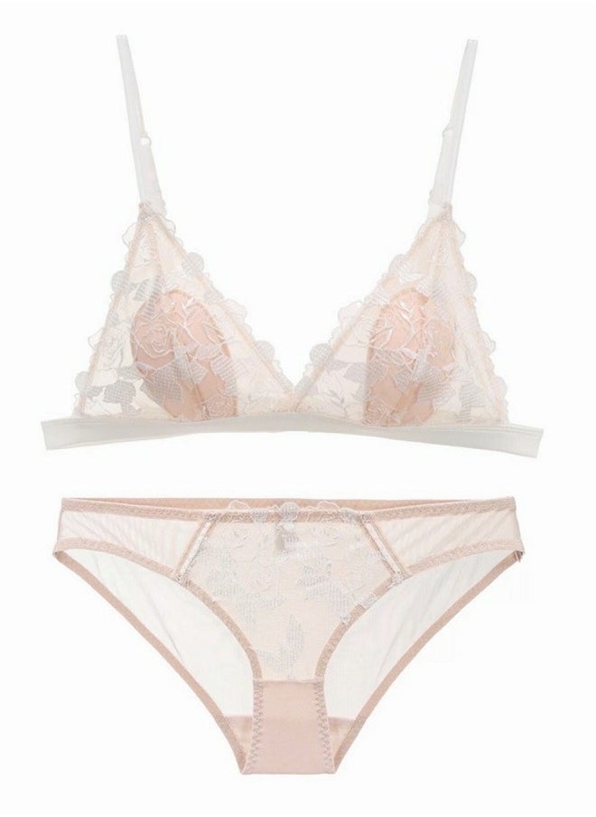 Loquat - Breathable Triangle Cup Lace Bra And Panty Set Beige - Image 1