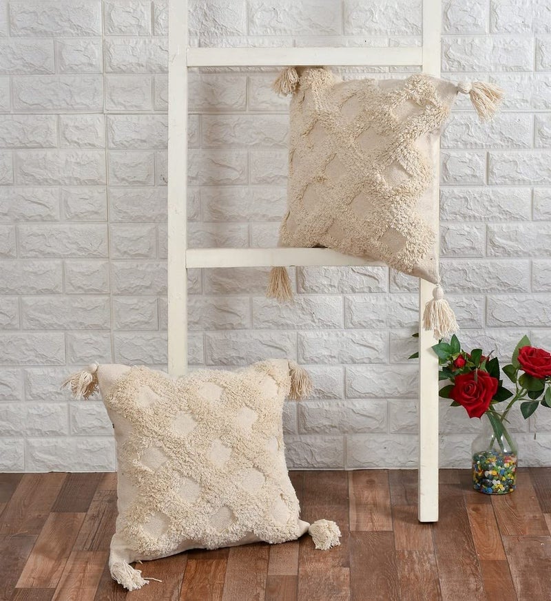 pepme pepme Criss Cross Tufted Cushion Cover OffWhite 16x16 inches  - Image 1