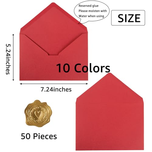 Toperd 50 Pack A7 Colorful 5x7 Invitation Envelopes with Gold Stickers for 5x7 Cards, Birthday, Weddings, Graduations, Greeting Cards, Baby Shower 5.24 x 7.24 Inches (Multicolor) - Image 2