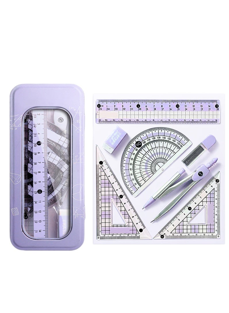 8 جهاز كمبيوتر شخصي أرجواني الهندسة مجموعة مع البوصلة، Protractor، الحكام، أدوات قياس الرسم الرياضي للفتاة المدرسية - Image 1