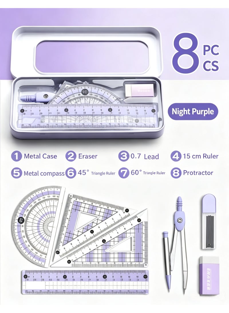 8 جهاز كمبيوتر شخصي أرجواني الهندسة مجموعة مع البوصلة، Protractor، الحكام، أدوات قياس الرسم الرياضي للفتاة المدرسية - Image 2