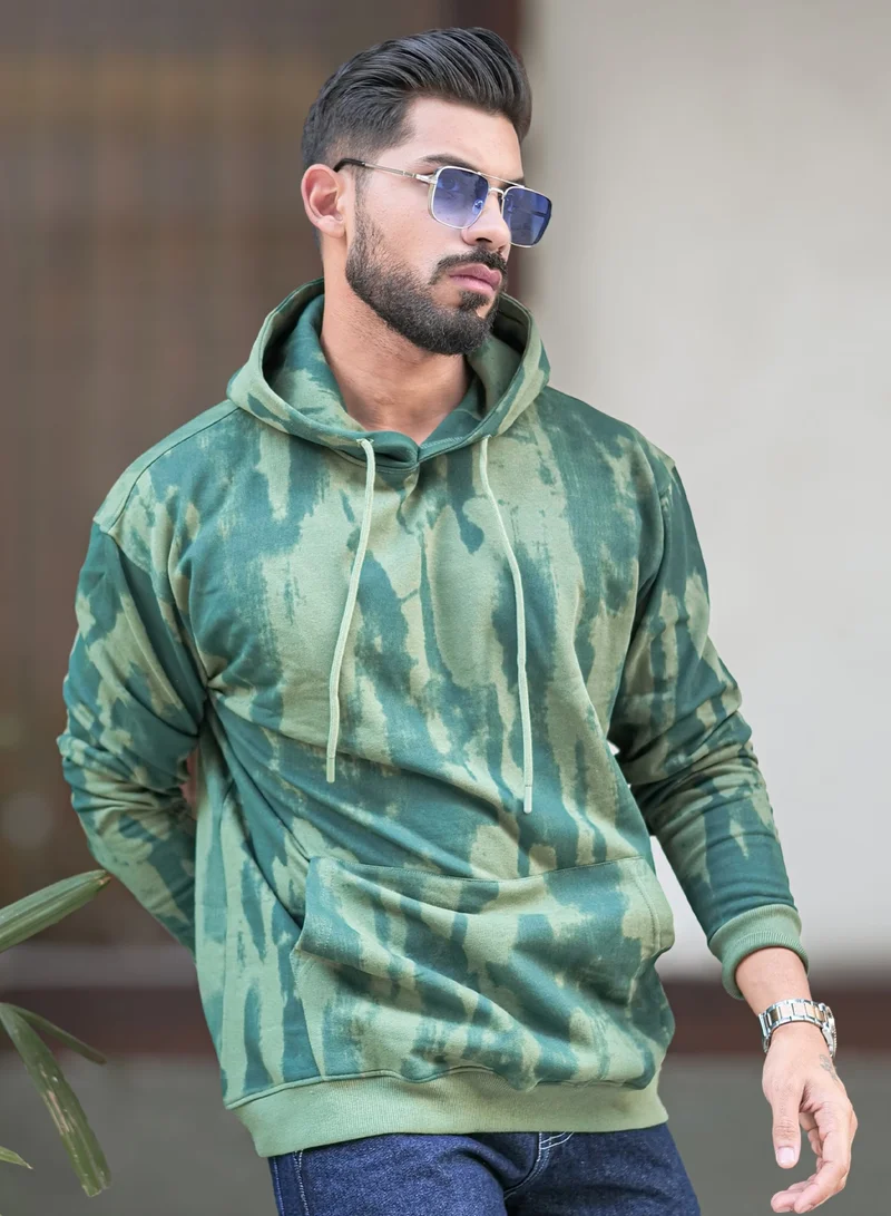 Maniac Maniac Mens Spray Printed Hooded Neck Full Sleeve Green Cotton Fleece Sweatshirt