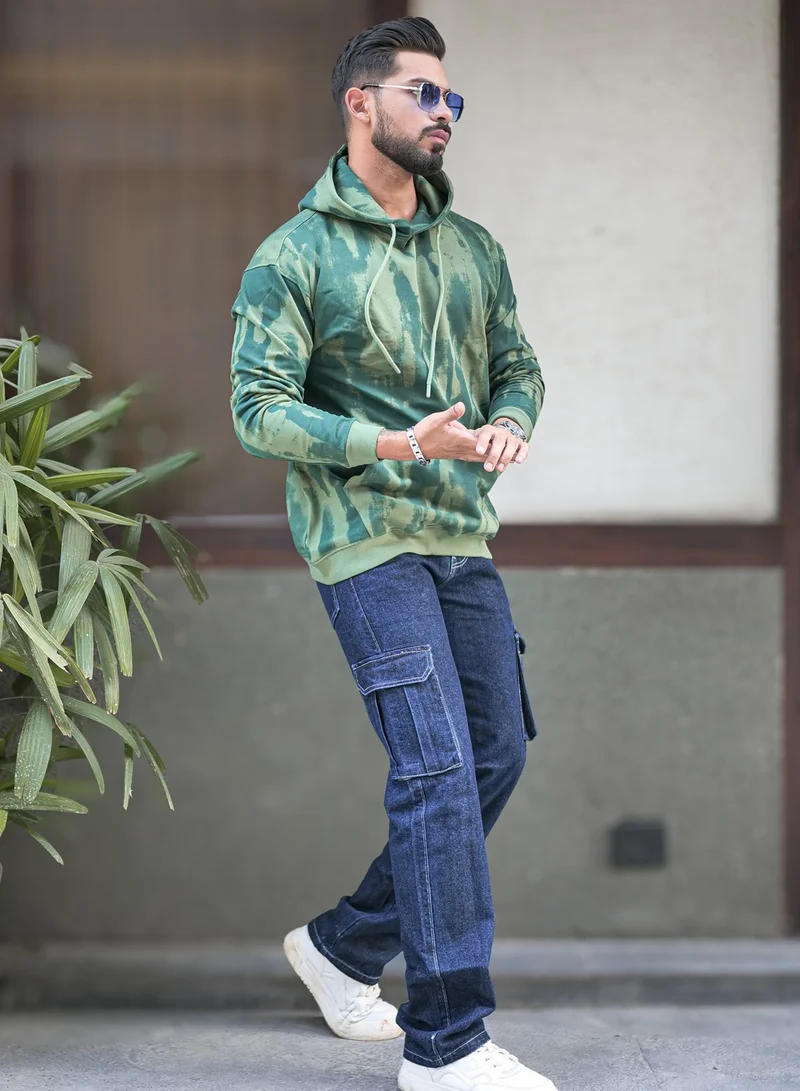 Maniac Maniac Mens Spray Printed Hooded Neck Full Sleeve Green Cotton Fleece Sweatshirt