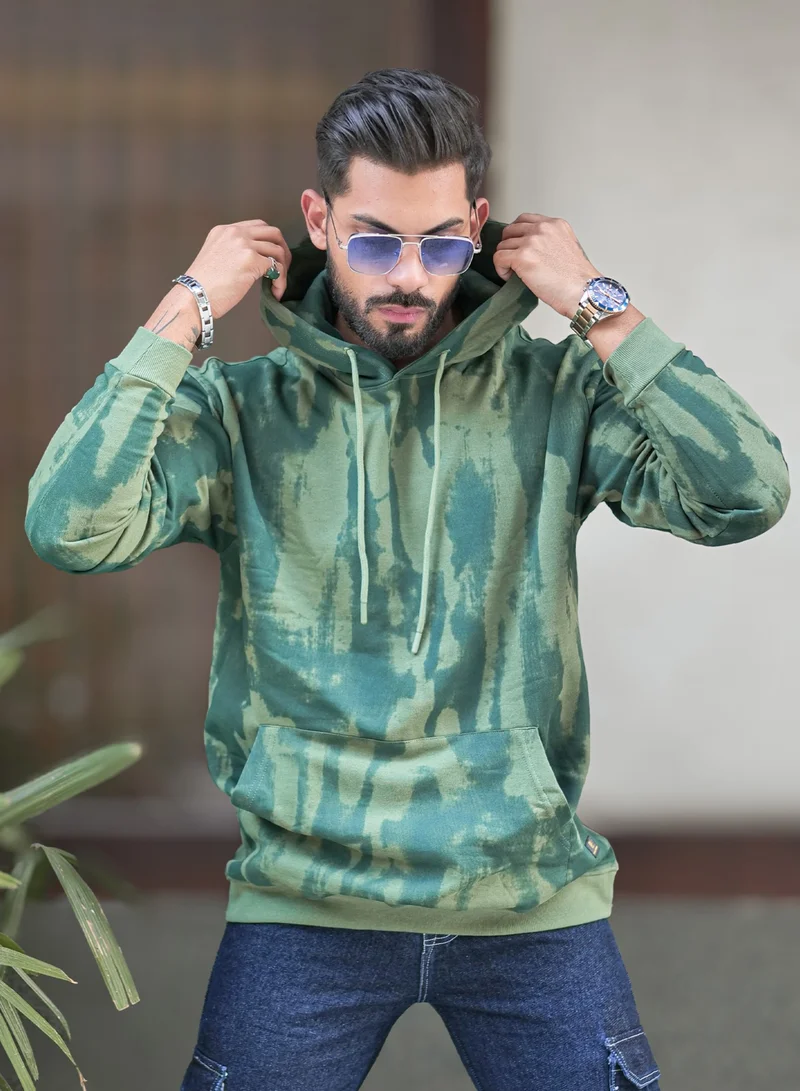 Maniac Maniac Mens Spray Printed Hooded Neck Full Sleeve Green Cotton Fleece Sweatshirt