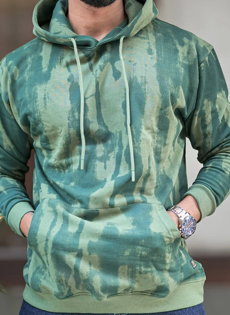 Maniac Maniac Mens Spray Printed Hooded Neck Full Sleeve Green Cotton Fleece Sweatshirt