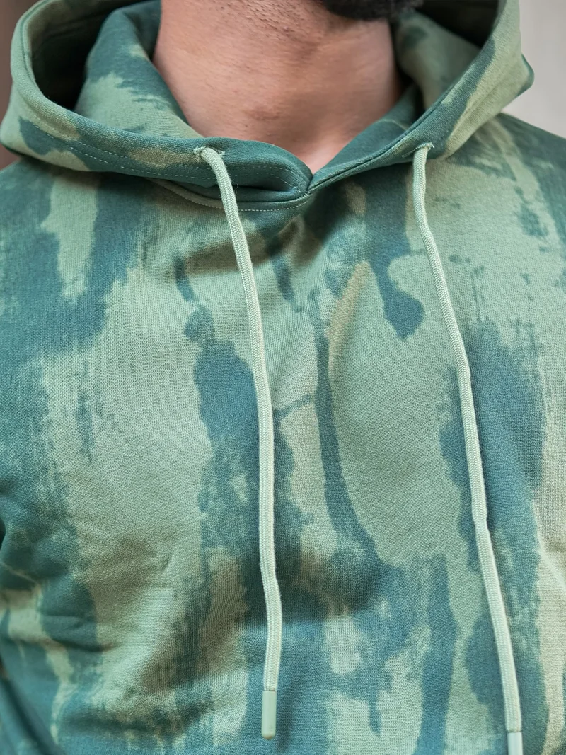 Maniac Maniac Mens Spray Printed Hooded Neck Full Sleeve Green Cotton Fleece Sweatshirt