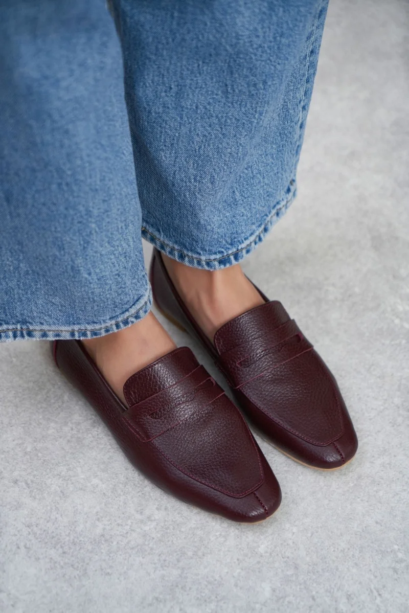نيشانتاشي شوز Emma Claret Red Inside and Outside Genuine Leather Flat Sole Women's Ballerinas