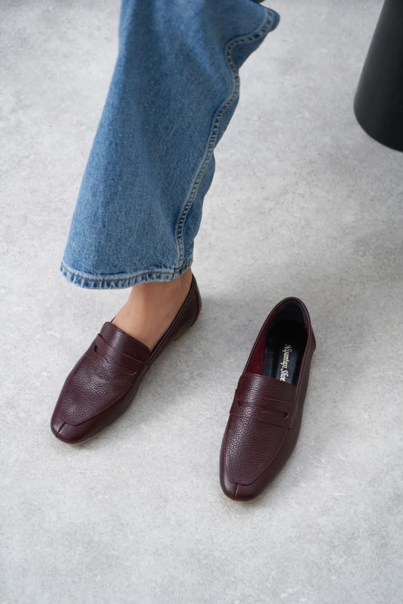 نيشانتاشي شوز Emma Claret Red Inside and Outside Genuine Leather Flat Sole Women's Ballerinas