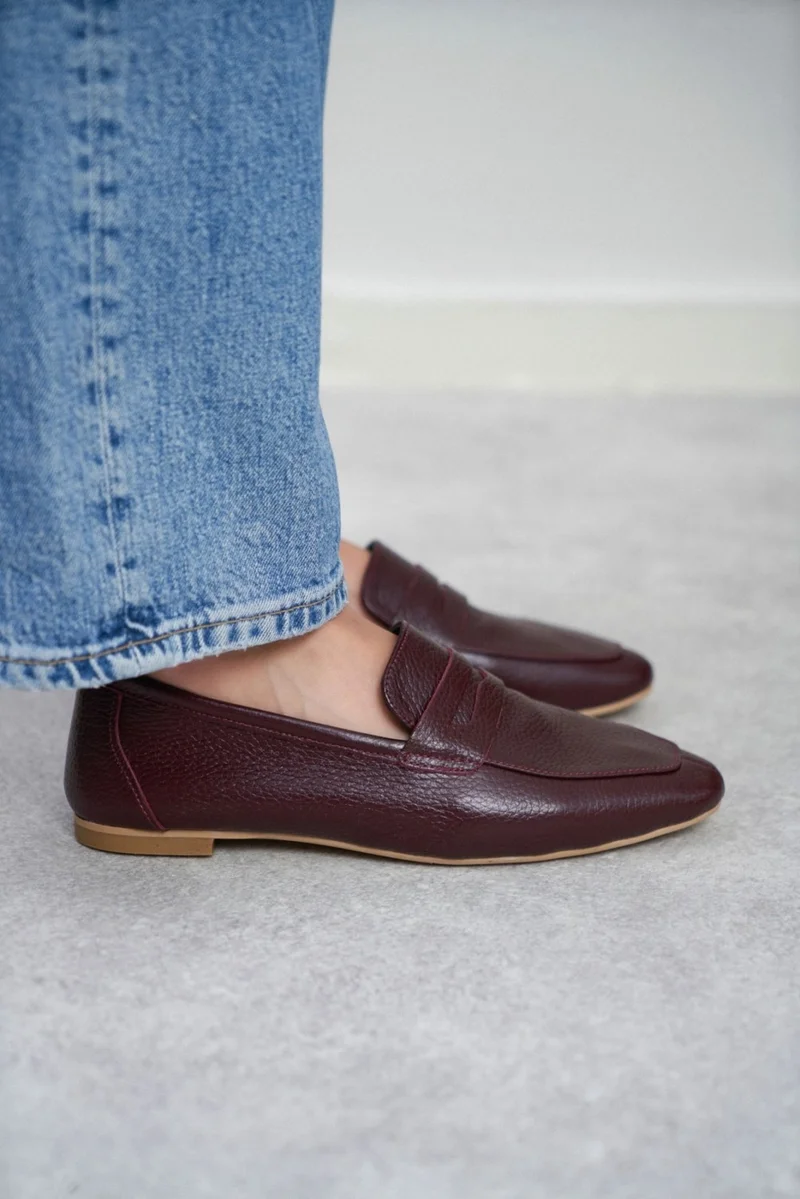 نيشانتاشي شوز Emma Claret Red Inside and Outside Genuine Leather Flat Sole Women's Ballerinas
