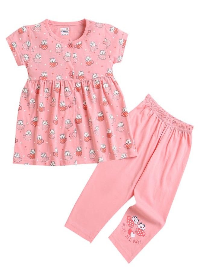 BUMZEE طقم فستان وبنطال ضيق من القطن بأكمام قصيرة باللون الوردي من BUMZEE للبنات، مناسب للأعمار من 18 إلى 24 شهرًا (Peb9617E-pnk) - Image 1