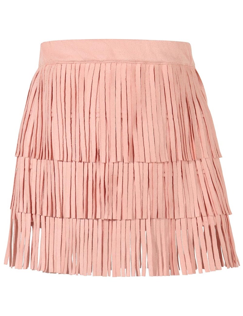 Noomelfish Girls Suede Fringe Skirt Boho Tassel Layered Ruffle Skirt, Light Pink, Size 7-8 Years - Image 1