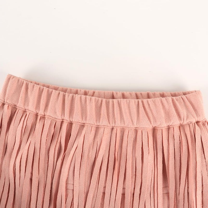 Noomelfish Girls Suede Fringe Skirt Boho Tassel Layered Ruffle Skirt, Light Pink, Size 7-8 Years - Image 2
