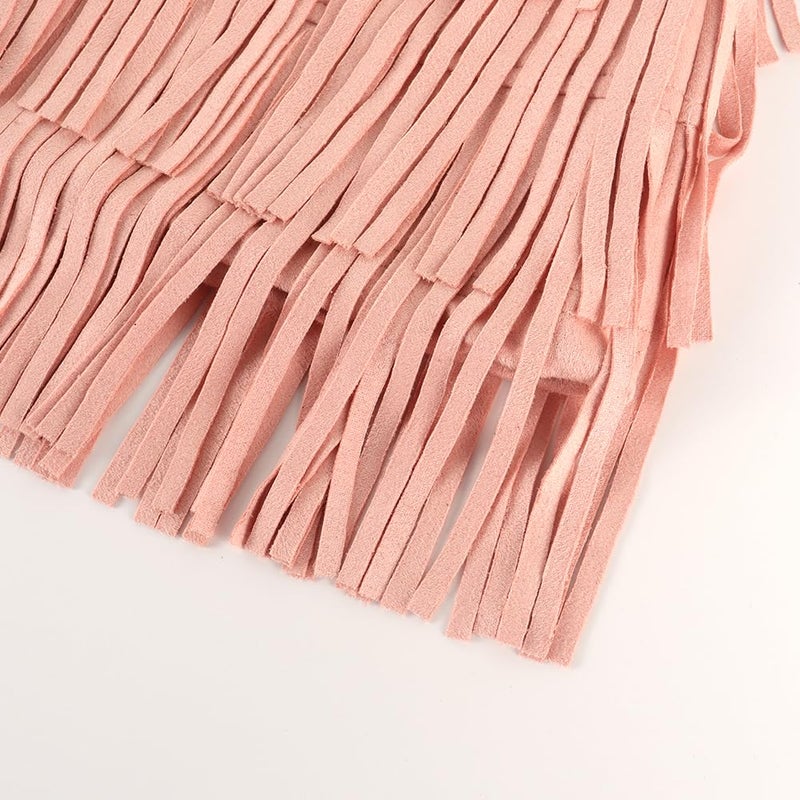 Noomelfish Girls Suede Fringe Skirt Boho Tassel Layered Ruffle Skirt, Light Pink, Size 7-8 Years - Image 4
