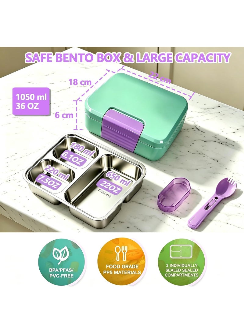 Stainless Steel Bento Lunch Box for Kids,Microwave-Safe 3-Compartment Leakproof Snack Container with Lunch Bag for Boys,Girls, 304 Tiffin Box Food Storage for School,Office, Travel (Purple Violet) - Image 2