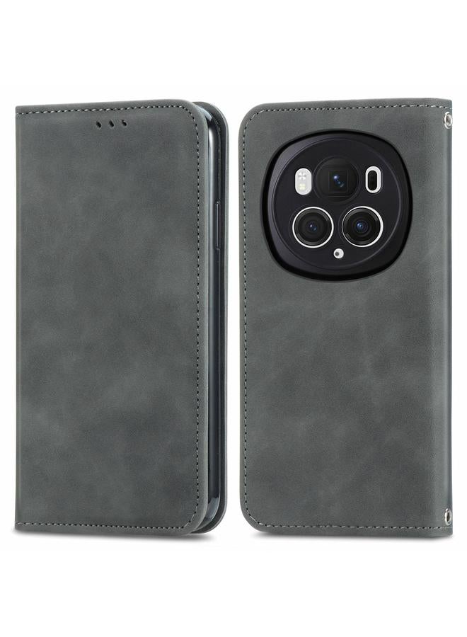 جرين تايجر حافظة هاتف جلدية قابلة للطي مغناطيسية لهاتف Honor Magic6 Pro Retro Skin Feel (رمادي)
