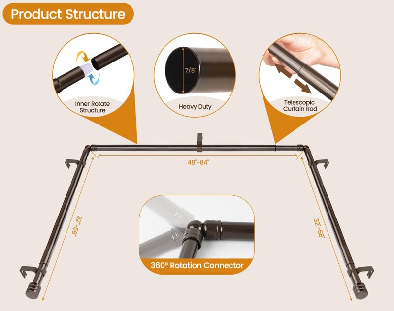 HOTOZON Bay Window Curtain Rods, HOTOZON 7/8 Inch Heavy Duty Curtain Rods for Bay Windows 48-84 Inch(Center Rod), 32-58 Inch Side Rods for Windows, Decorative Drapery Rod with End Cap Finials, Antique Bronze - Image 5