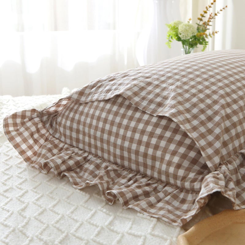 Silnuo Taupe/White Plaid Ruffled Body Pillow Cover Washed Cotton Farmhouse Checkered Gingham 1 Piece Pillowcase for Living Room 20"x54" - Image 3