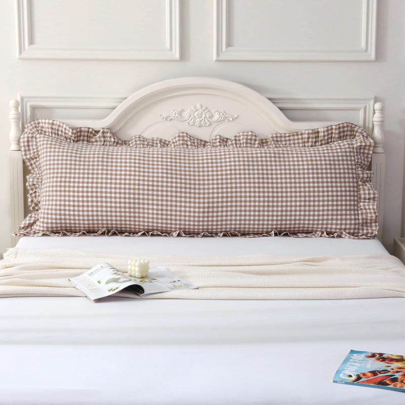 Silnuo Taupe/White Plaid Ruffled Body Pillow Cover Washed Cotton Farmhouse Checkered Gingham 1 Piece Pillowcase for Living Room 20"x54" - Image 2