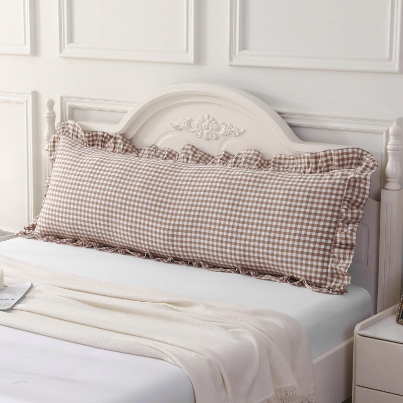 Silnuo Taupe/White Plaid Ruffled Body Pillow Cover Washed Cotton Farmhouse Checkered Gingham 1 Piece Pillowcase for Living Room 20"x54" - Image 1