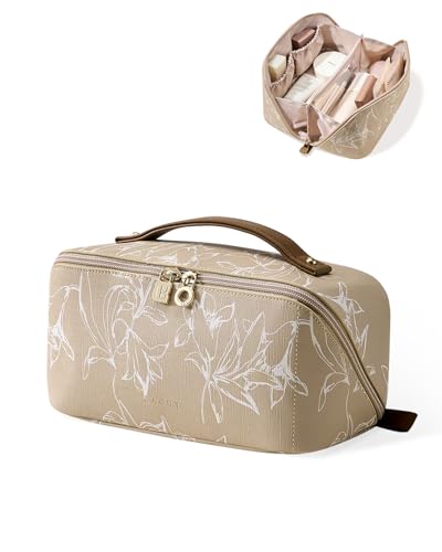 EACHY Travel Makeup Bag, Large Capacity Cosmetic Bags for Women, Waterproof Portable Pouch Open Flat Toiletry Bag Pattern Makeup Bag (F-Brown) - Image 1