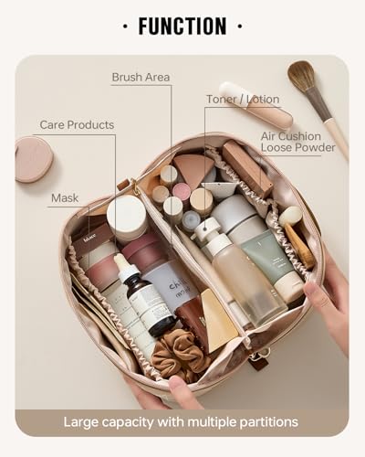 EACHY Travel Makeup Bag, Large Capacity Cosmetic Bags for Women, Waterproof Portable Pouch Open Flat Toiletry Bag Pattern Makeup Bag (F-Brown) - Image 2