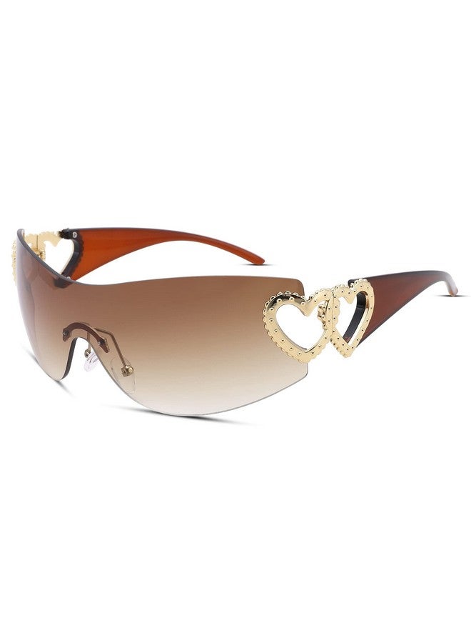 COASION Wrap Around 2000S Rimless Sunglasses For Women Men Oversized Trendy Sun Glasses Visor Shield Shades (Teagradient Brown) - Image 2