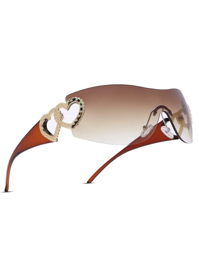 COASION Wrap Around 2000S Rimless Sunglasses For Women Men Oversized Trendy Sun Glasses Visor Shield Shades (Teagradient Brown) - Image 1