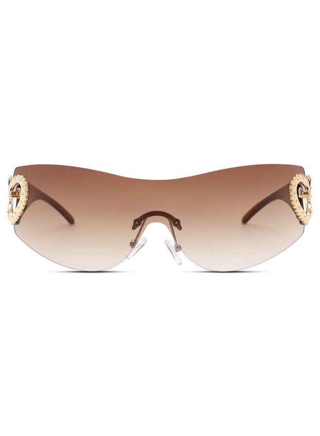 COASION Wrap Around 2000S Rimless Sunglasses For Women Men Oversized Trendy Sun Glasses Visor Shield Shades (Teagradient Brown) - Image 3