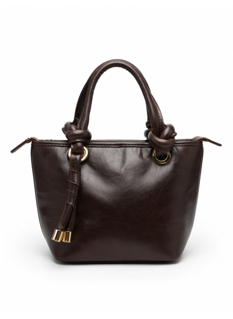 Elegant Knot Handle Shoulder Bag with Tassel & Gold Hardware-brown - Image 1