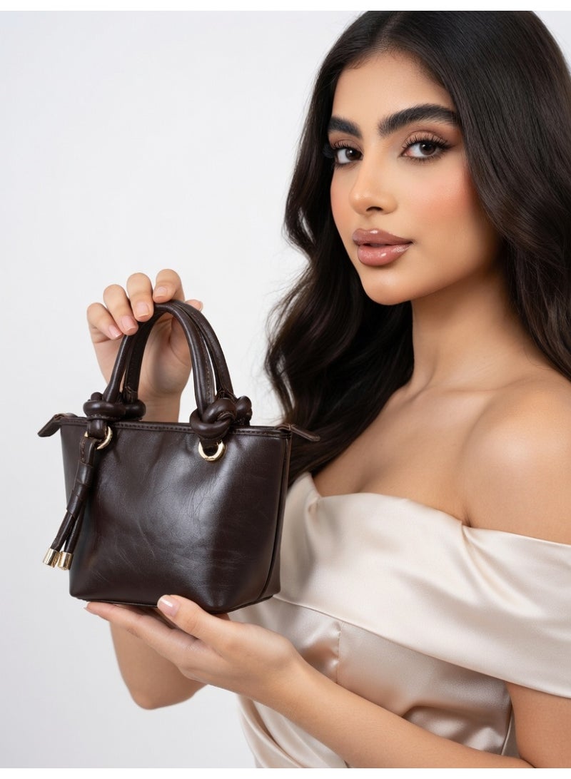 Elegant Knot Handle Shoulder Bag with Tassel & Gold Hardware-brown - Image 5