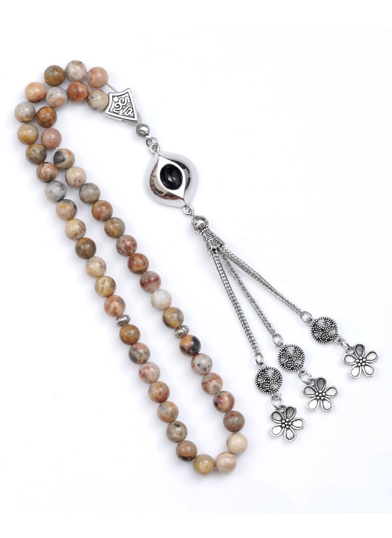 Subhati Prayer Beads ( Misbah ) with metal Parts and Fossil Agate Stone | 8 MM Beads - 45 Pcs 