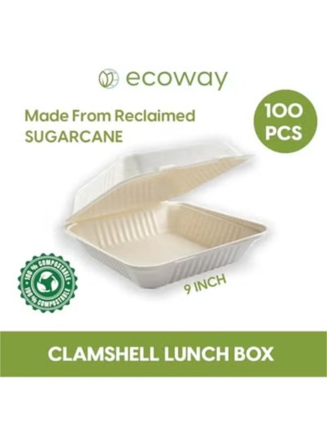 ecoway 100% Compostable Clamshell Take Out Food Containers [9X9" 100-Pack] Heavy-Duty Quality to go Containers, Natural Disposable Bagasse, Eco-Friendly Biodegradable Made of Sugar Cane Fibers - Image 2