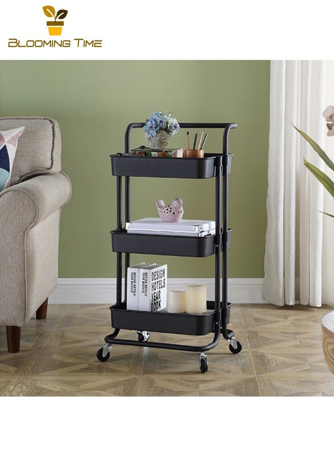 بلومنغ تايم مطبخ عربة تخزين بجانب السرير في غرفة النوم، رف حمام، رف تخزين متعدد الطبقات للحمام، عربة تخزين منزلية متعددة الطبقات وخفيفة الوزن وقابلة للإزالة للوجبات الخفيفة والألعاب، لون أسود - Image 1