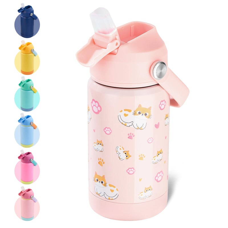 Kerilyn 12oz Kids Water Bottle, Stainless Steel Insulated Water Bottle For Kids, Toddler Cup With Straws Leak-proof, Kids Water Bottles For School Boys Girls, BPA Free, Kitty - Image 1