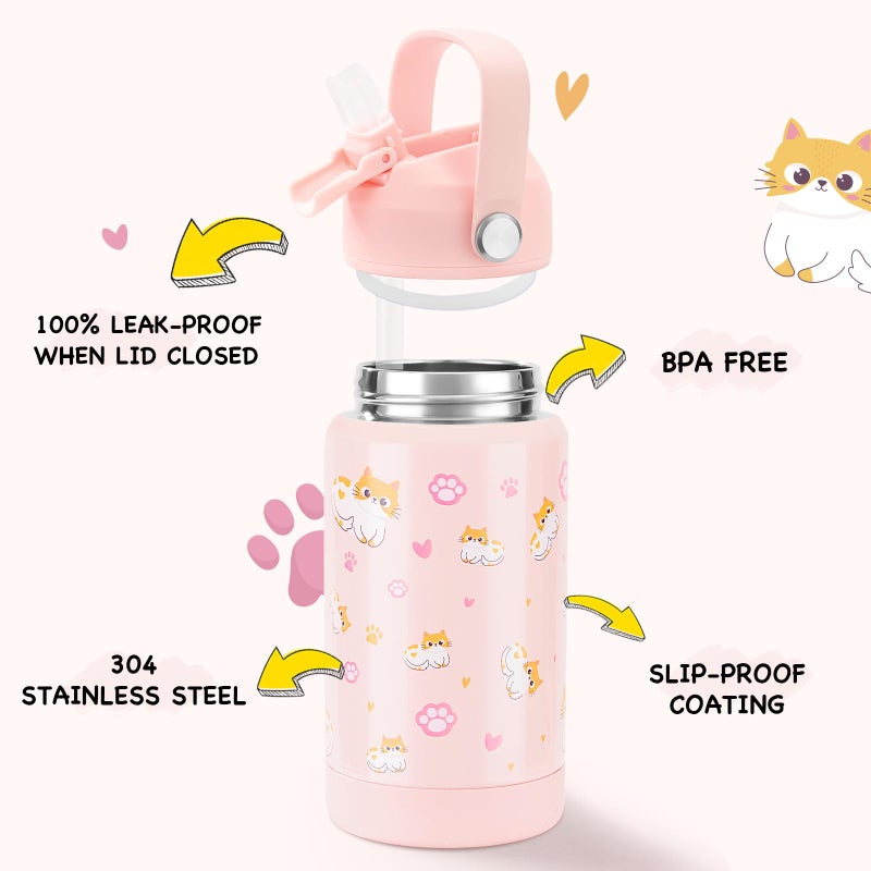 Kerilyn 12oz Kids Water Bottle, Stainless Steel Insulated Water Bottle For Kids, Toddler Cup With Straws Leak-proof, Kids Water Bottles For School Boys Girls, BPA Free, Kitty - Image 2